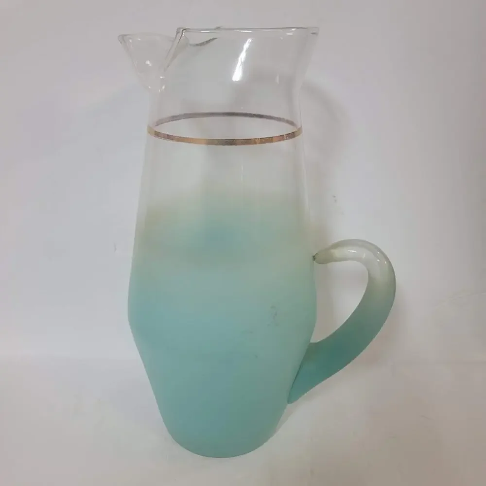 Vintage 1950's Teal Color Frosted Blendo Glass Pitcher With Gold Rim 11.75